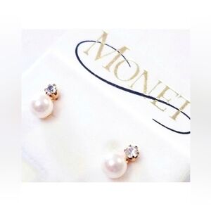 NEW Monet Pearl & Crystal Delicate Stud Earrings On Original Card Vintage